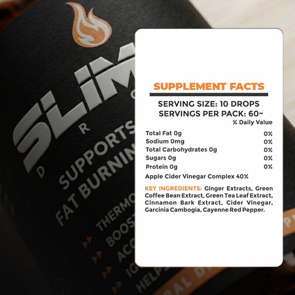 Supplement facts card for a fat burning supplement with brand name on a dark background